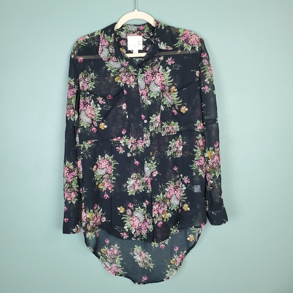 Line & Dot Sheer Floral Oversized Button Down Top